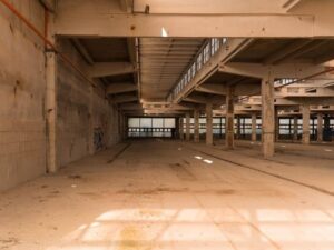 Interior of a large empty industrial warehouse with concrete pillars, dusty floor, and overhead beams. Light enters from windows above.